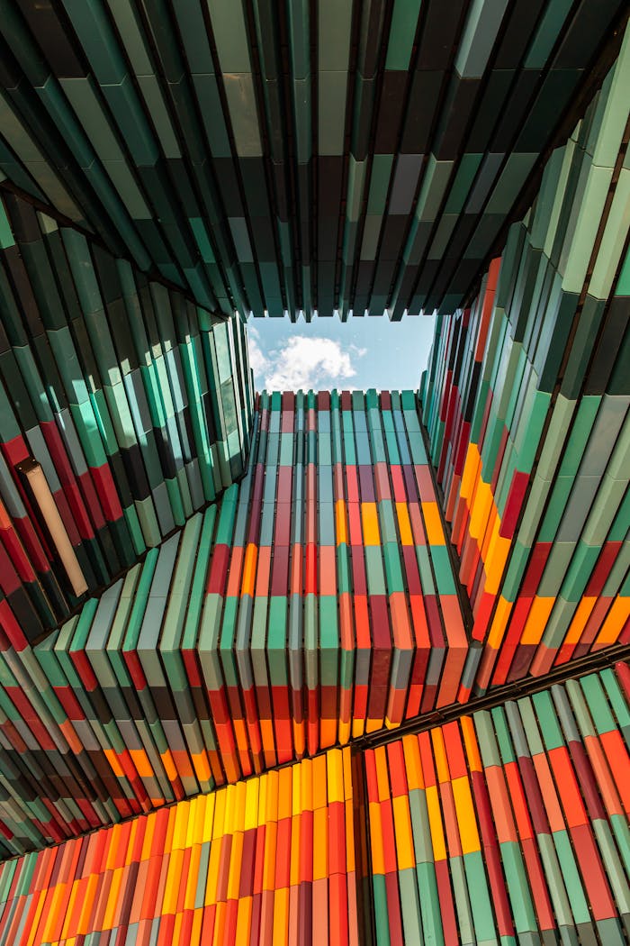 Colorful geometric architectural structure in Melbourne featuring vibrant patterns and modern design.
